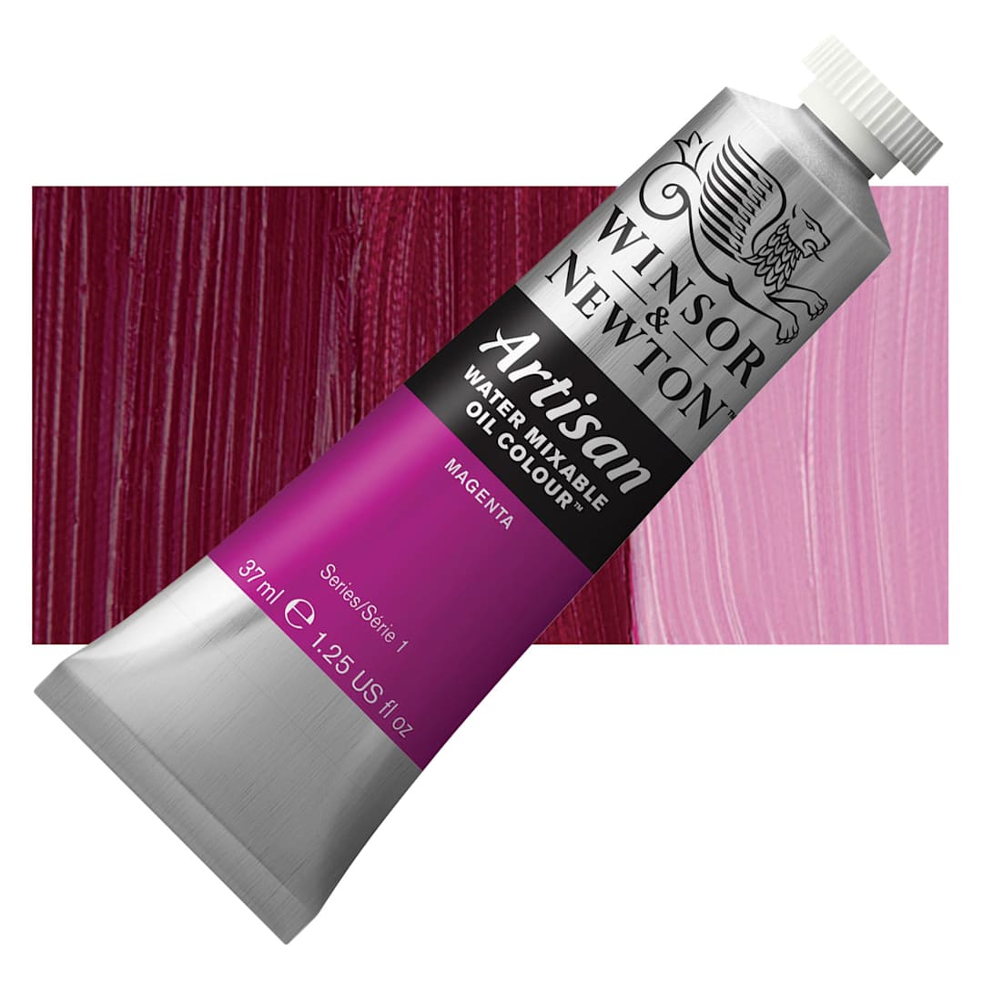 Open in modal - Winsor & Newton Artisan Water Mixable Oil Paint - Magenta, 37 ml tube and swatch