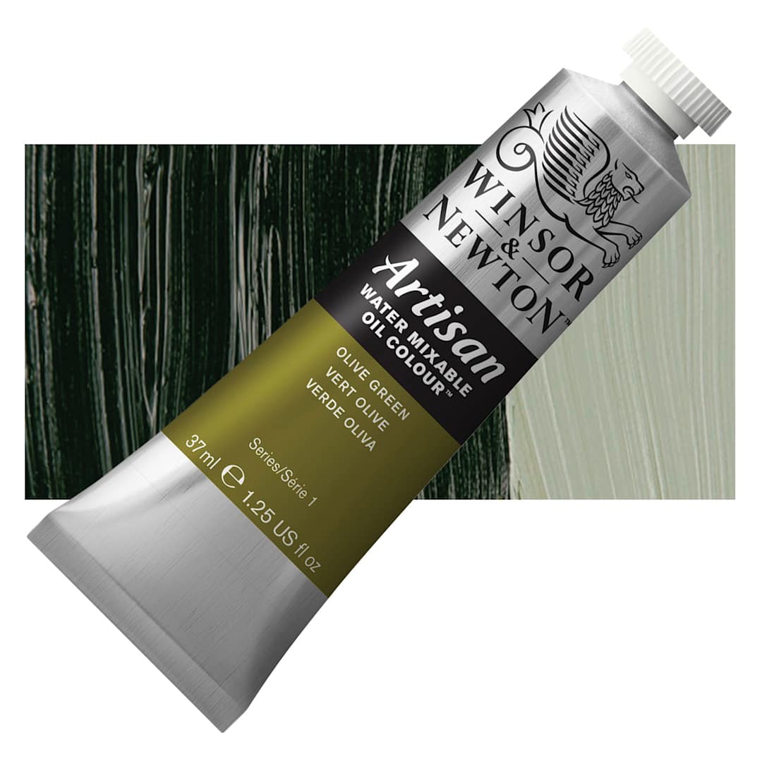 Open in modal - Winsor & Newton Artisan Water Mixable Oil Paint - Olive Green, 37 ml tube and swatch