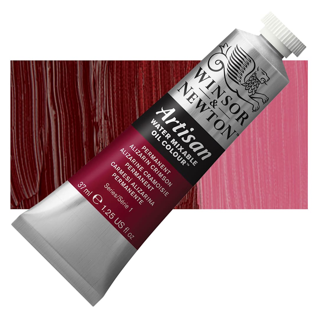 Open in modal - Winsor & Newton Artisan Water Mixable Oil Paint - Permanent Alizarin Crimson, 37 ml tube and swatch