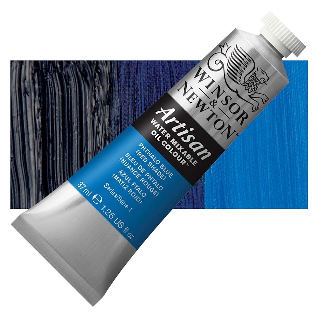 Open in modal - Winsor & Newton Artisan Water Mixable Oil Paint - Phthalo Blue (Red Shade), 37 ml tube and swatch