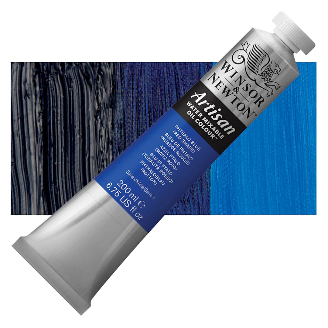 Open in modal - Winsor & Newton Artisan Water Mixable Oil Paint - Phthalo Blue (Red Shade), 200 ml tube and swatch