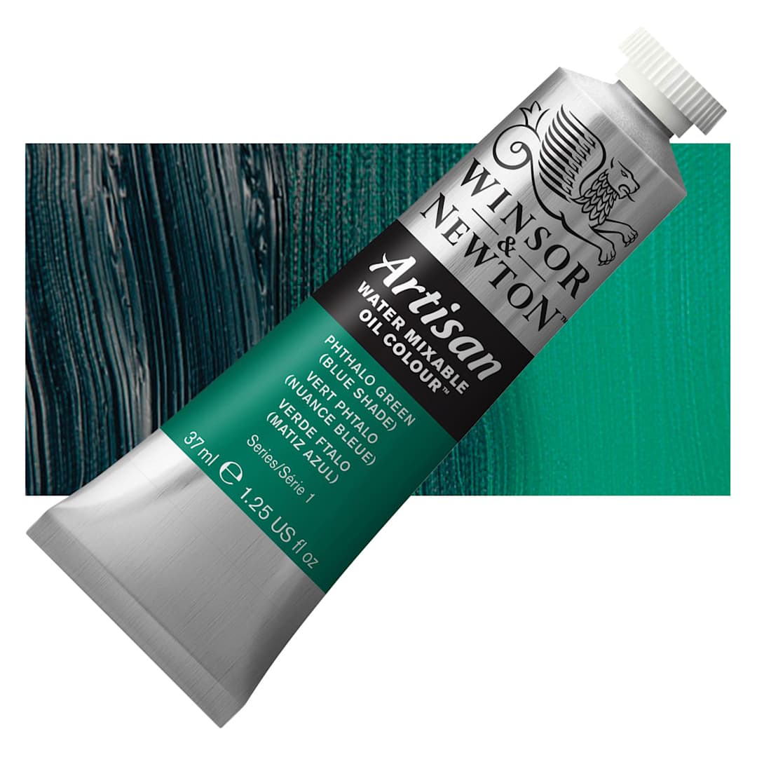 Open in modal - Winsor & Newton Artisan Water Mixable Oil Paint - Phthalo Green (Blue Shade), 37 ml tube and swatch