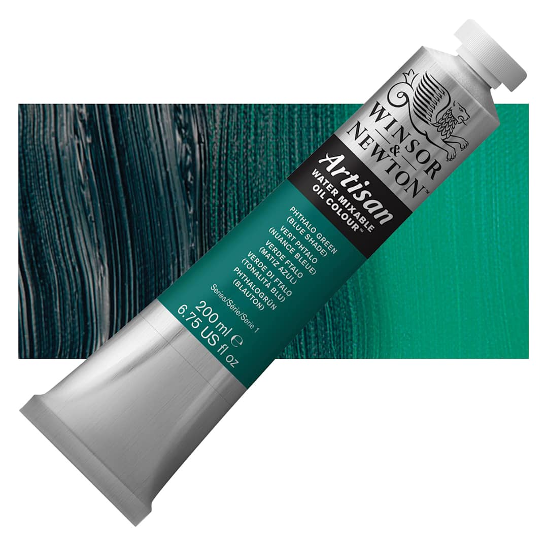 Open in modal - Winsor & Newton Artisan Water Mixable Oil Color - Phthalo Green (Blue Shade), 200 ml tube and swatch