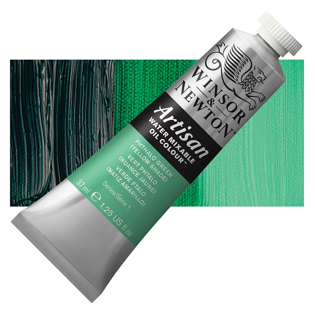 Open in modal - Winsor & Newton Artisan Water Mixable Oil Paint - Phthalo Green (Yellow Shade), 37 ml tube and swatch