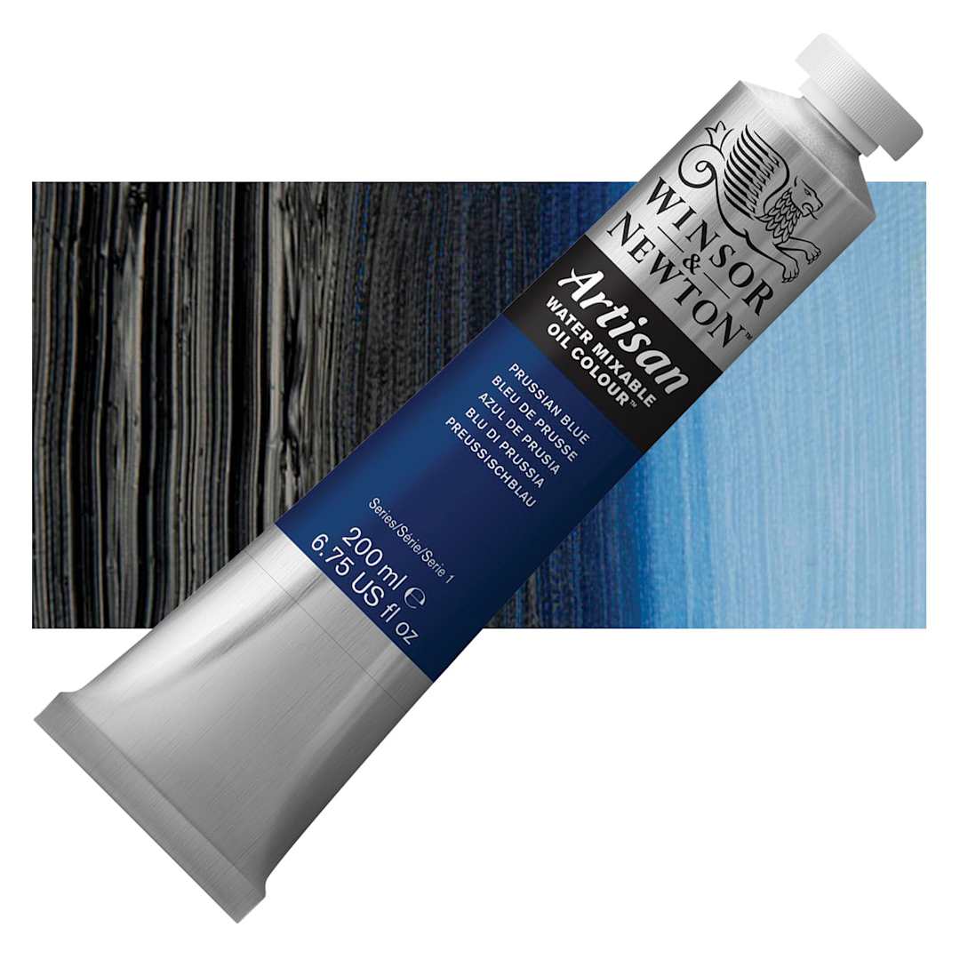Open in modal - Winsor & Newton Artisan Water Mixable Oil Paint - Prussian Blue, 200 ml tube and swatch