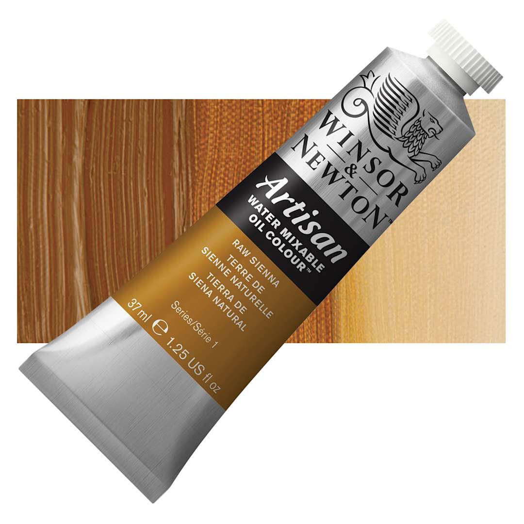 Open in modal - Winsor & Newton Artisan Water Mixable Oil Paint - Raw Sienna, 37 ml tube and swatch