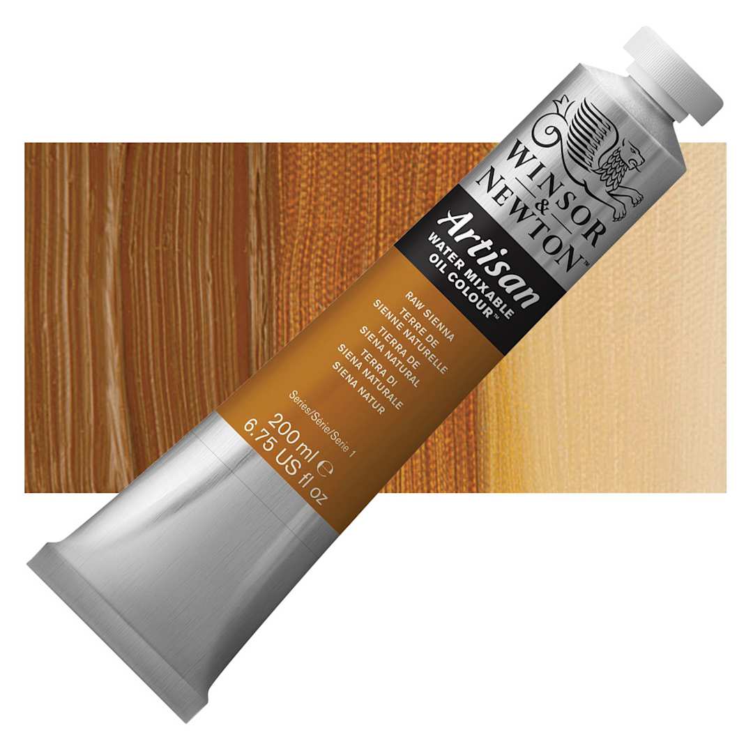 Open in modal - Winsor & Newton Artisan Water Mixable Oil Paint - Raw Sienna, 200 ml tube and swatch