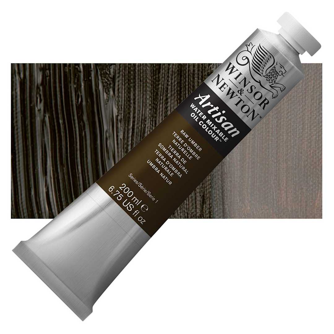 Open in modal - Winsor & Newton Artisan Water Mixable Oil Paint - Raw Umber, 200 ml tube and swatch