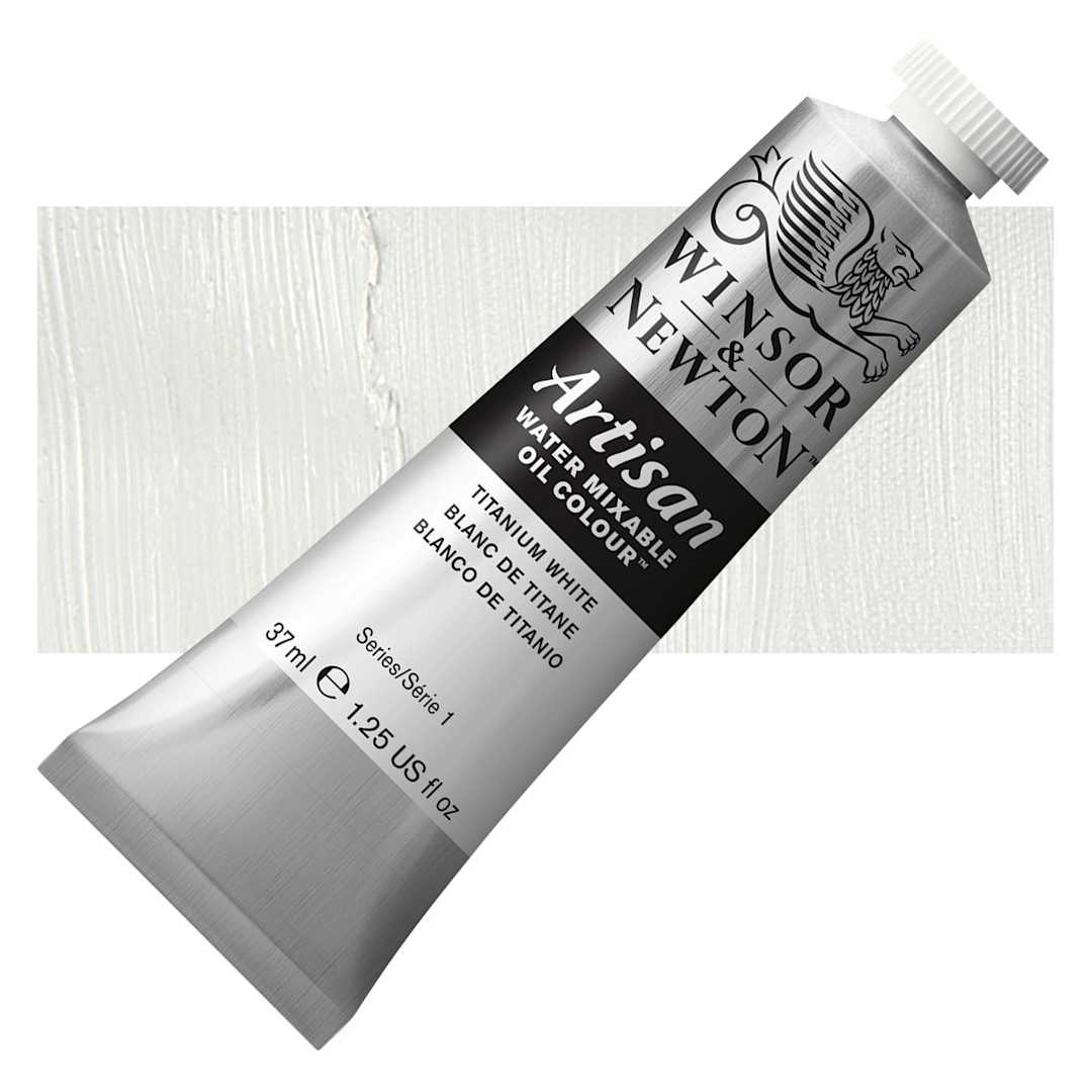 Open in modal - Winsor & Newton Artisan Water Mixable Oil Paint - Titanium White, 37 ml tube and swatch