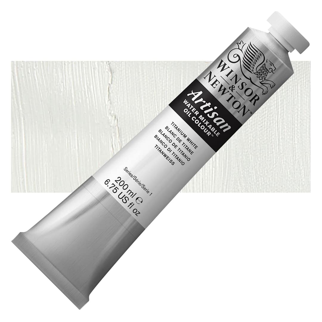Open in modal - Winsor & Newton Artisan Water Mixable Oil Paint - Titanium White, 200 ml tube and swatch
