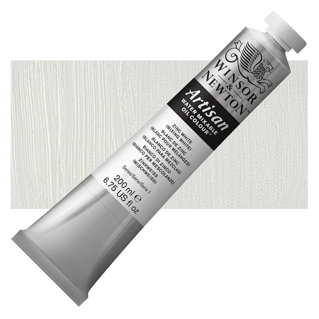 Open in modal - Winsor & Newton Artisan Water Mixable Oil Paint - Zinc White (Mixing White), 200 ml tube and swatch