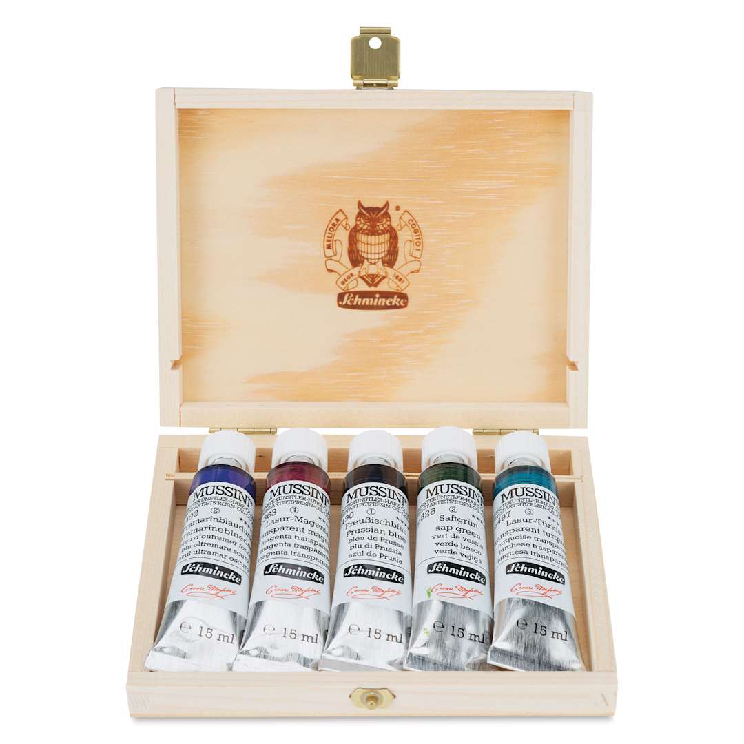 Open in modal - Schmincke Mussini Oil Color - Set of 5, Wood Box, Assorted Colors, 15 ml Tubes