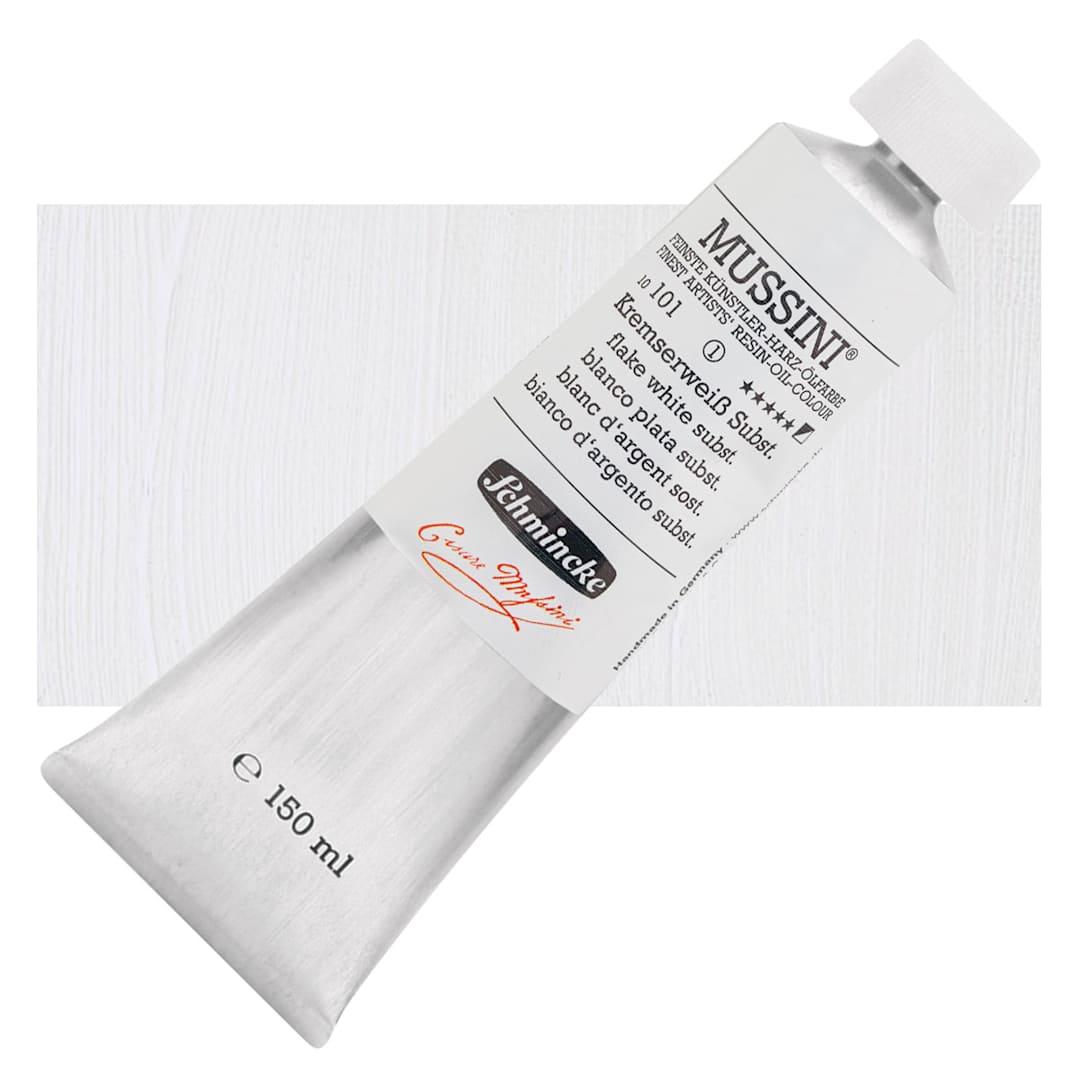 Open in modal - Schmincke Mussini Oil Color - Flake White Subst., 150 ml, Tube and swatch