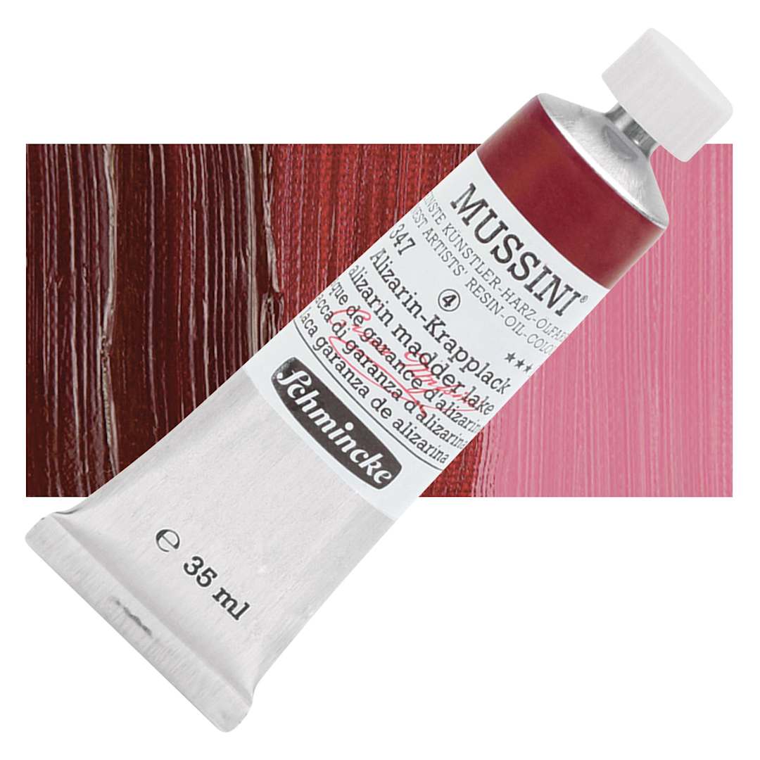 Open in modal - Schmincke Mussini Oil Color - Alizarin Madder Lake, 35 ml tube and swatch