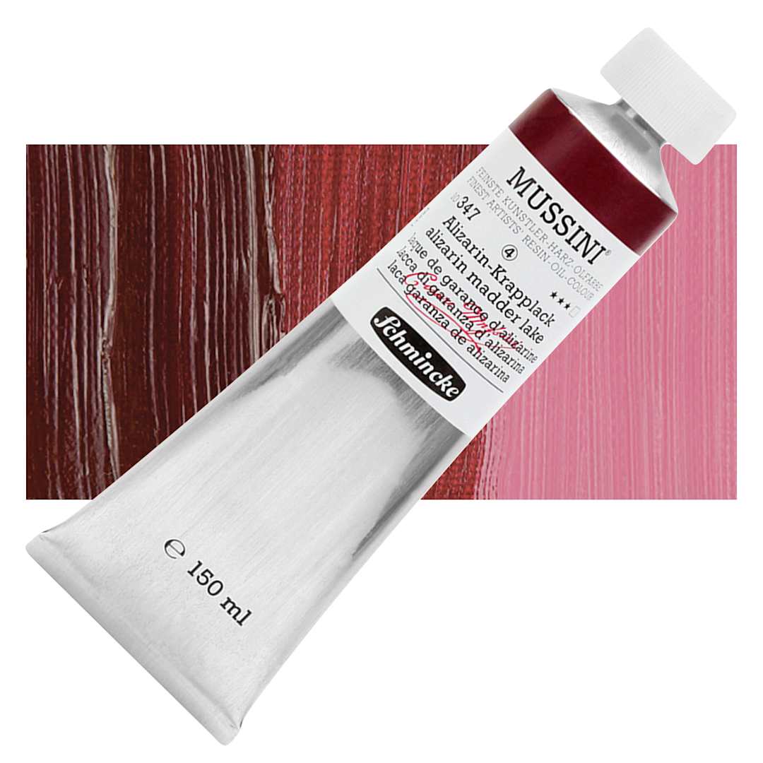 Open in modal - Schmincke Mussini Oil Color - Alizarin Madder Lake, 150 ml tube and swatch
