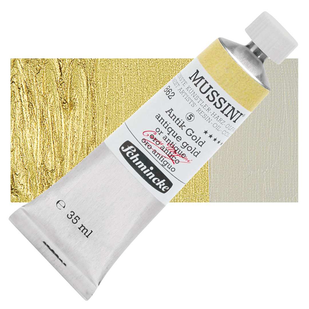 Open in modal - Schmincke Mussini Oil Color - Antique Gold, 35 ml tube and swatch