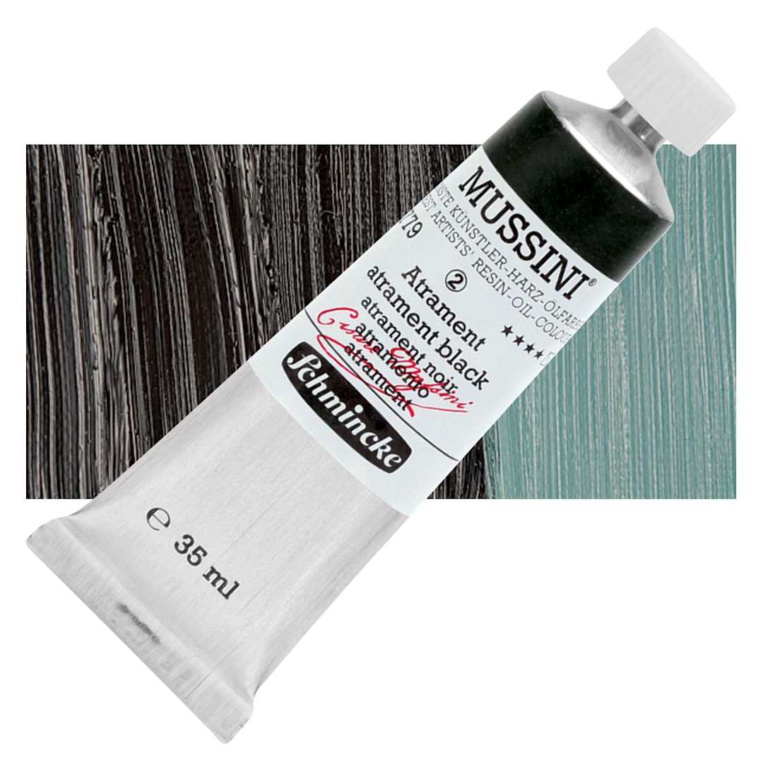 Open in modal - Schmincke Mussini Oil Color - Atrament Black, 35 ml tube and swatch