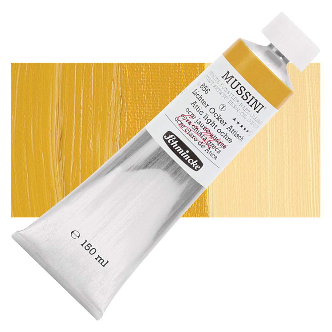 Open in modal - Schmincke Mussini Oil Color - Attish Light Ochre, 150 ml tube and swatch