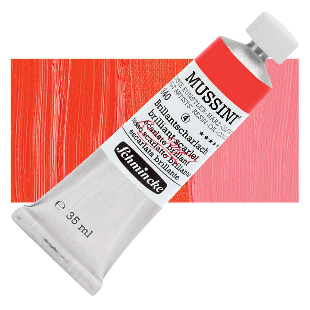 Open in modal - Schmincke Mussini Oil Color - Brilliant Scarlet, 35 ml tube and swatch