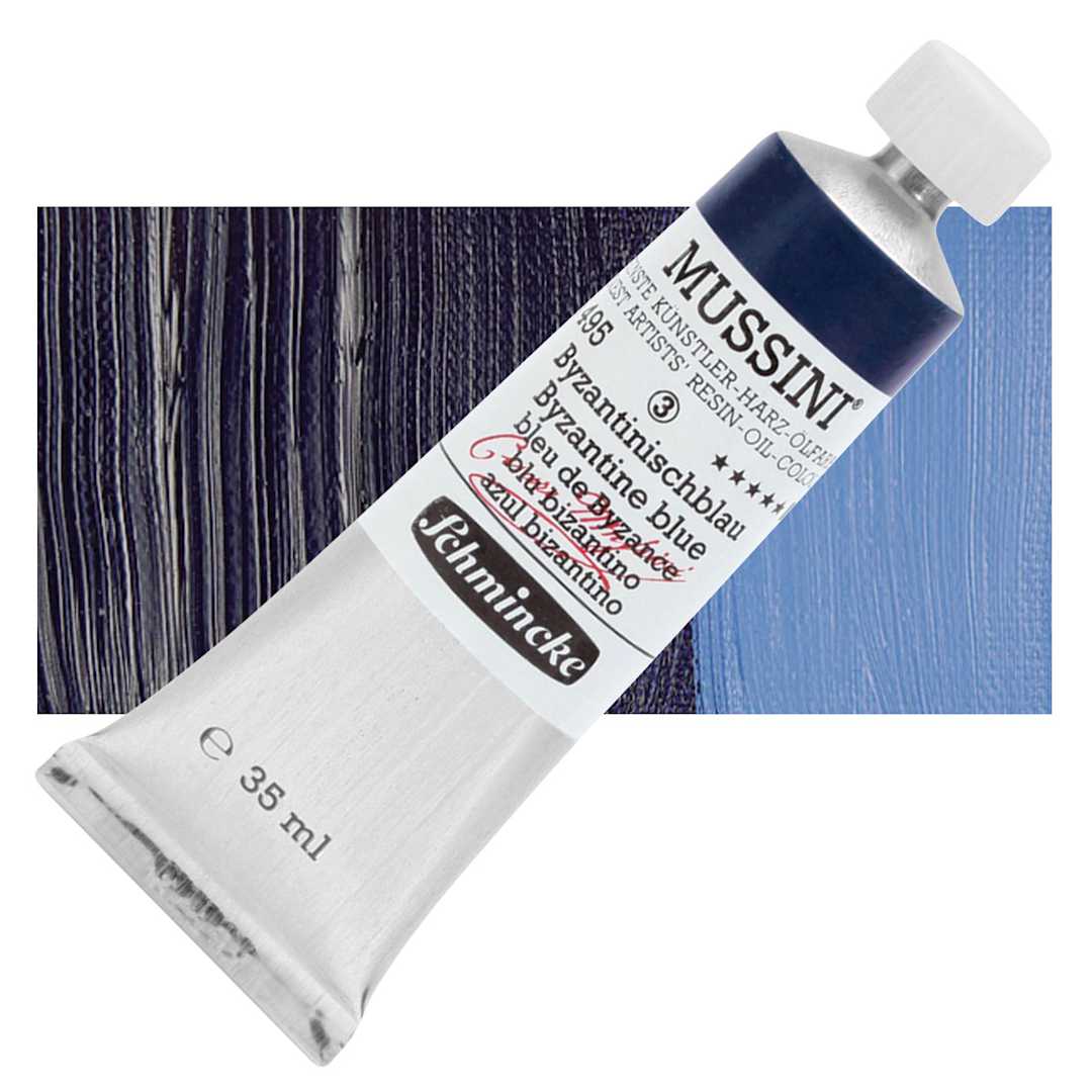 Open in modal - Schmincke Mussini Oil Color - Byzantine Blue, 35 ml tube and swatch