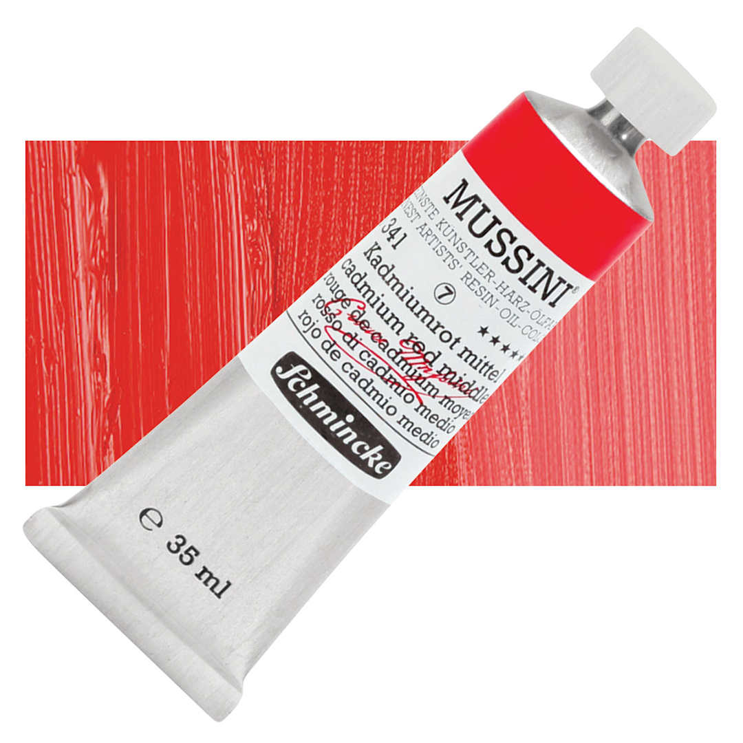 Open in modal - Schmincke Mussini Oil Color - Cadmium Red Middle, 35 ml tube and swatch