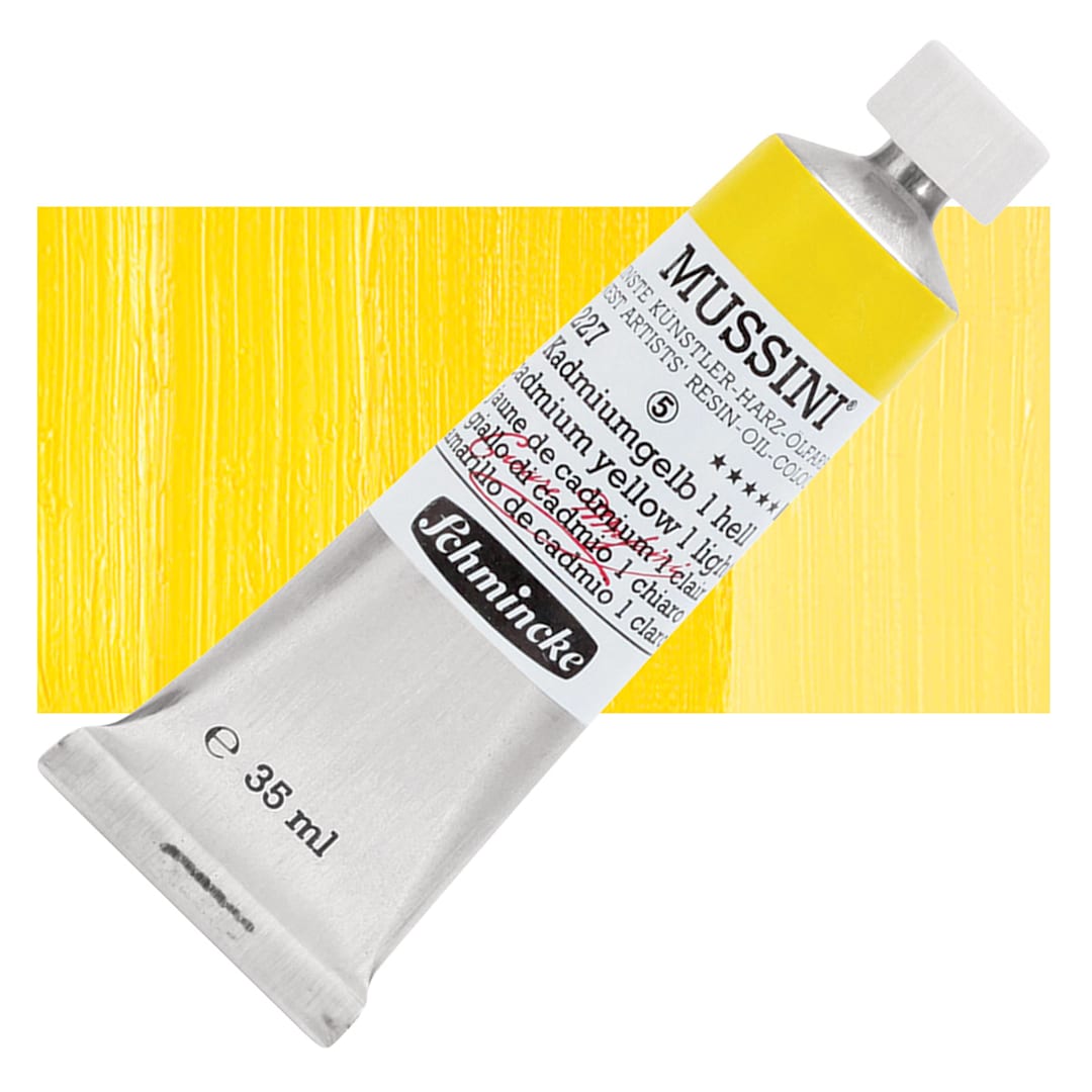 Open in modal - Schmincke Mussini Oil Color - Cadmium Yellow 1 Light, 35 ml tube and swatch
