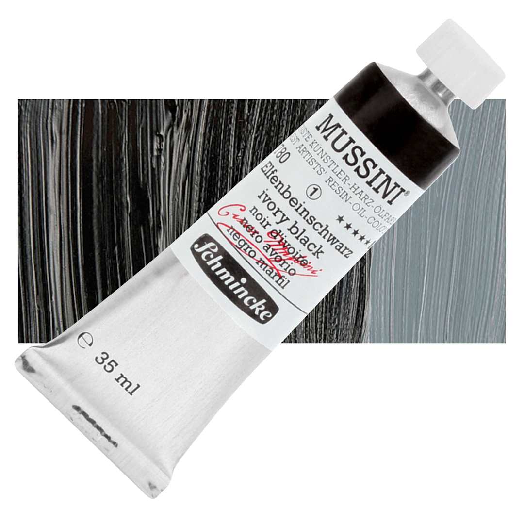 Open in modal - Schmincke Mussini Oil Color - Ivory Black, 35 ml tube and swatch