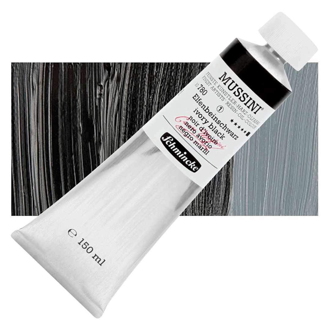 Open in modal - Schmincke Mussini Oil Color - Ivory Black, 150 ml tube and swatch
