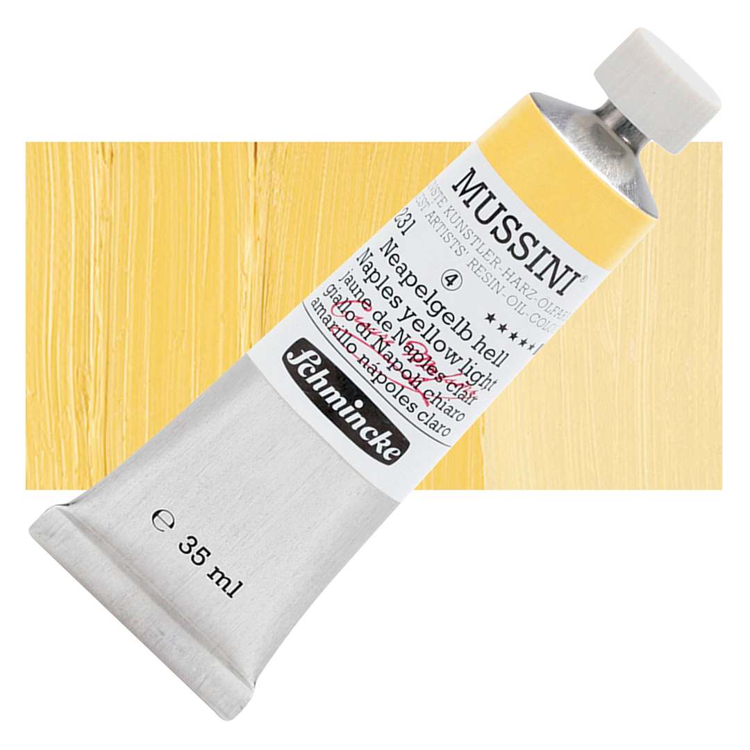 Open in modal - Schmincke Mussini Oil Color - Naples Yellow Light, 35 ml tube and swatch