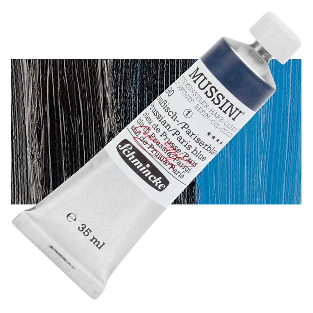 Open in modal - Schmincke Mussini Oil Color - Prussian Paris Blue, 35 ml tube and swatch