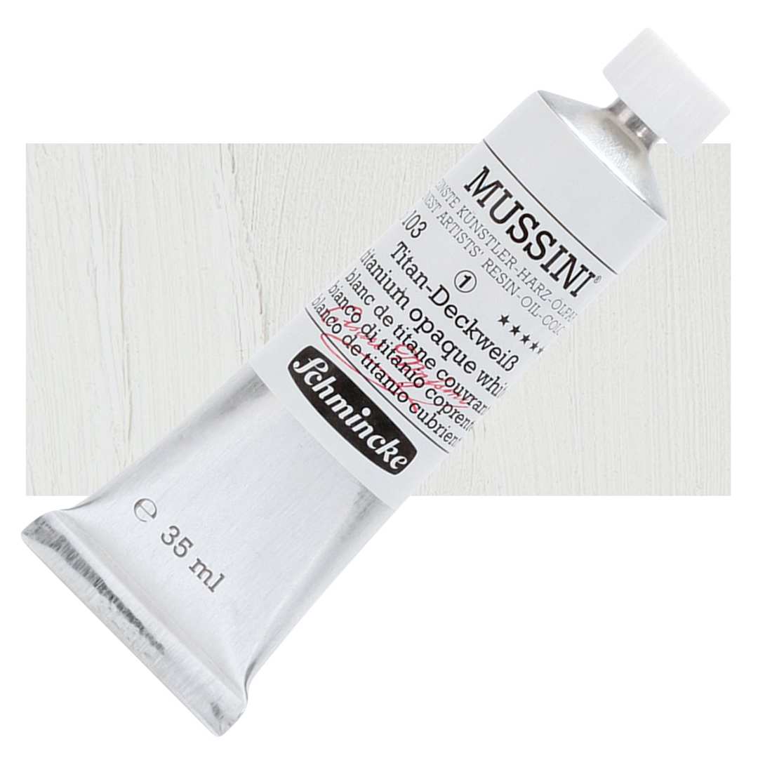 Open in modal - Schmincke Mussini Oil Color - Titanium Opaque White, 35 ml tube and swatch