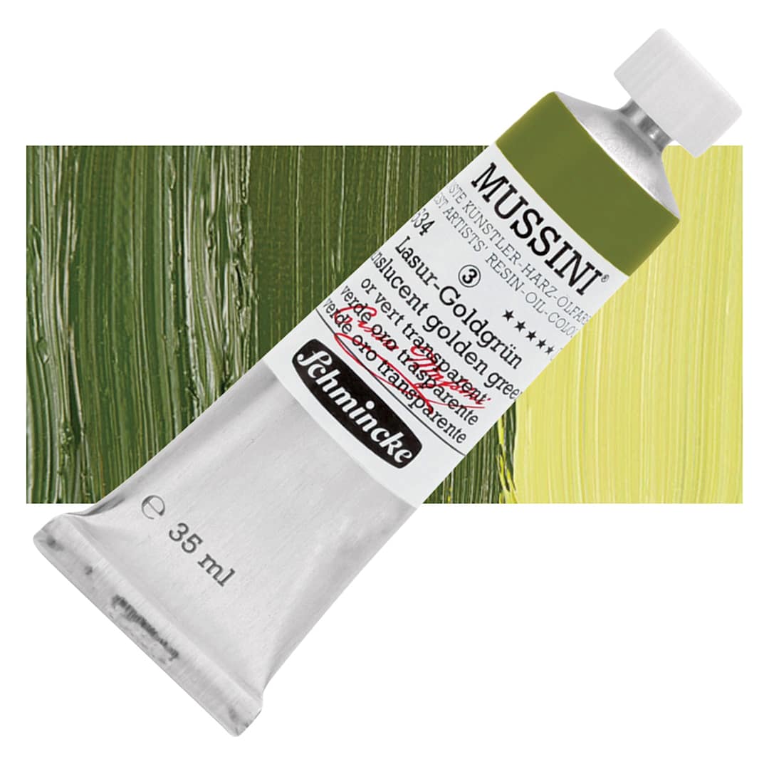 Open in modal - Schmincke Mussini Oil Color - Translucent Golden Green, 35 ml Tube and swatch