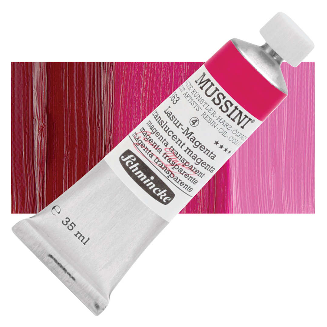 Open in modal - Schmincke Mussini Oil Color - Translucent Magenta, 35 ml tube and swatch