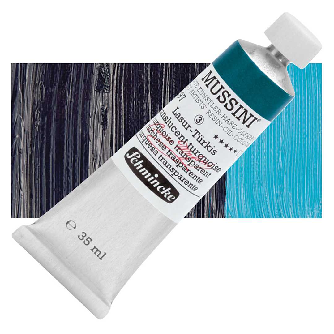 Open in modal - Schmincke Mussini Oil Color - Translucent Turquoise, 35 ml tube and swatch