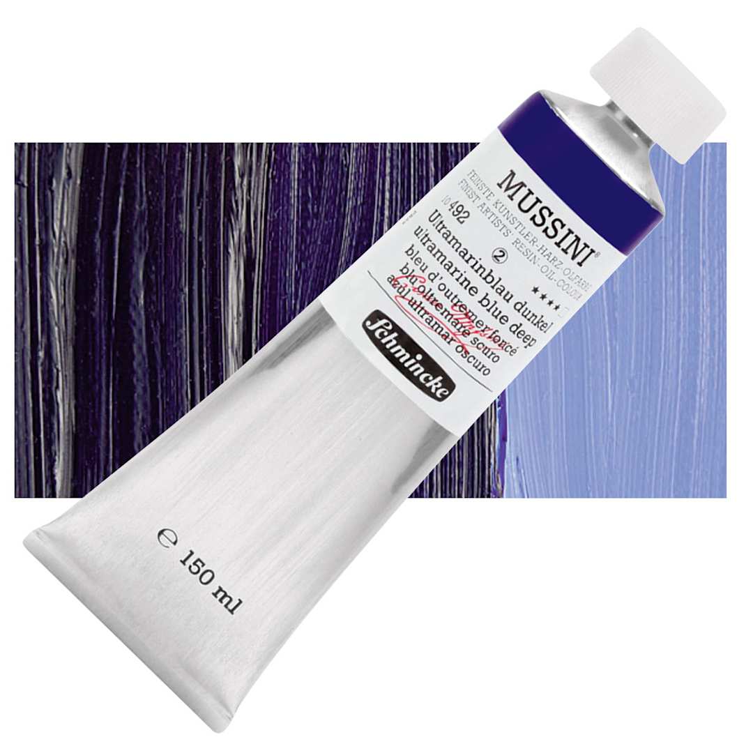 Open in modal - Schmincke Mussini Oil Color - Ultramarine Blue Deep, 150 ml tube and swatch