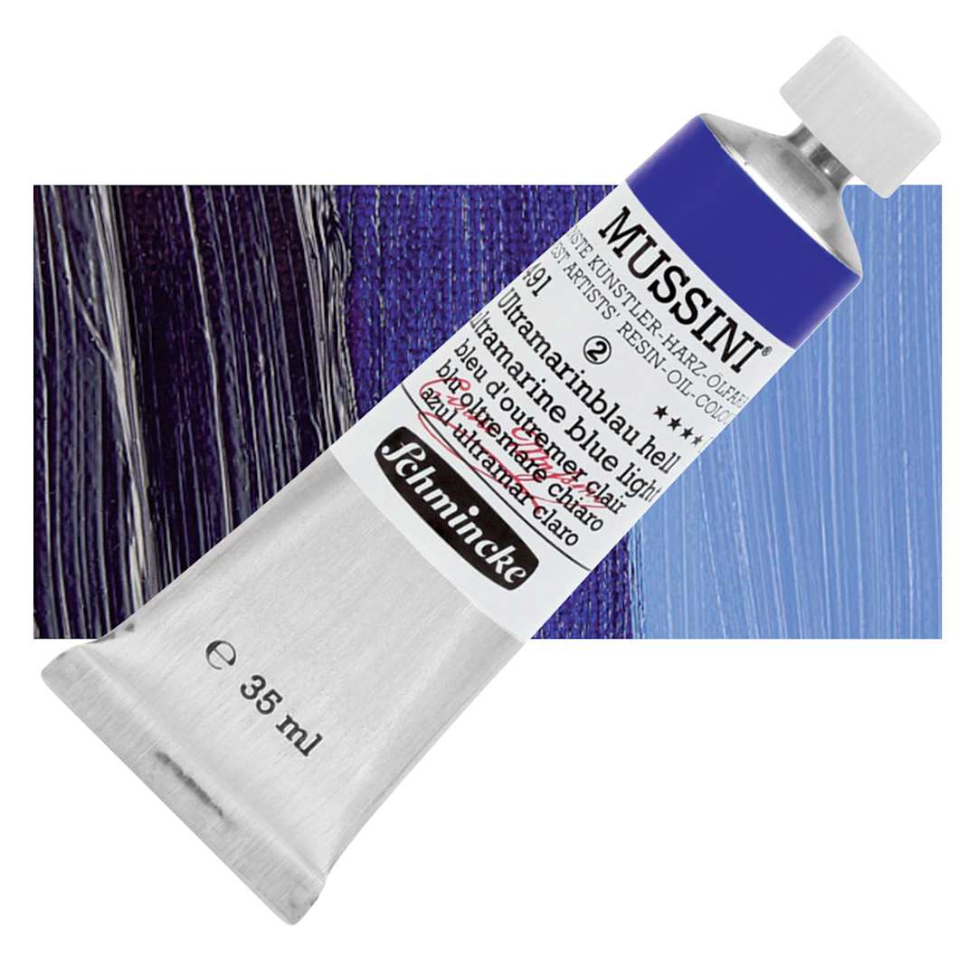 Open in modal - Schmincke Mussini Oil Color - Ultramarine Blue Light, 35 ml tube and swatch