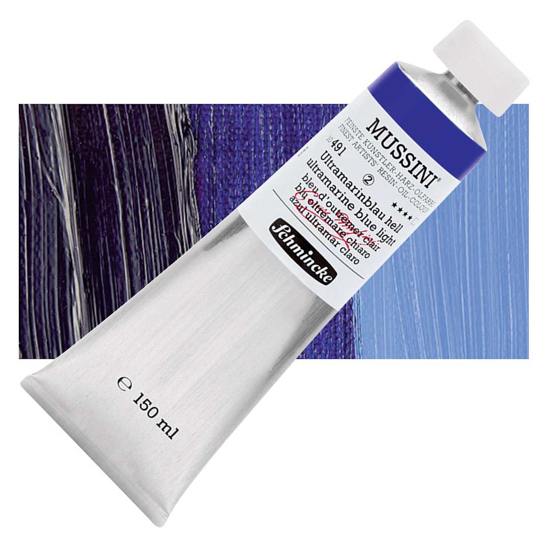 Open in modal - Schmincke Mussini Oil Color - Ultramarine Blue Light, 150 ml tube and swatch