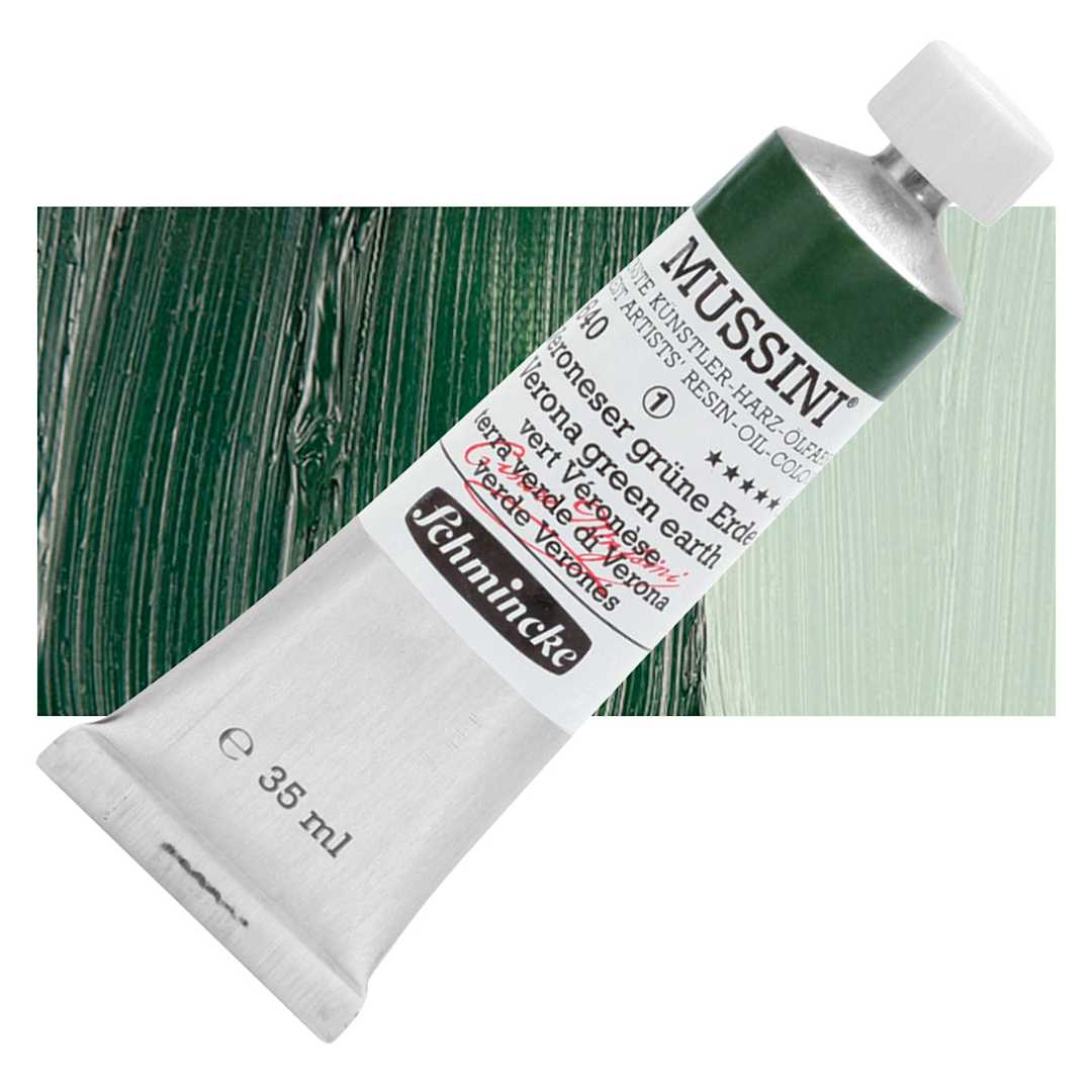 Open in modal - Schmincke Mussini Oil Color - Verona Green Earth, 35 ml tube and swatch