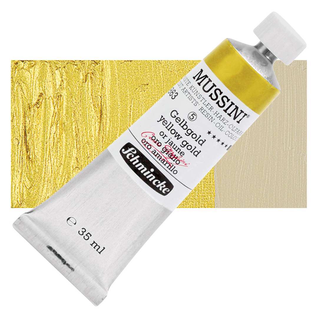 Open in modal - Schmincke Mussini Oil Color - Yellow Gold, 35 ml tube and swatch