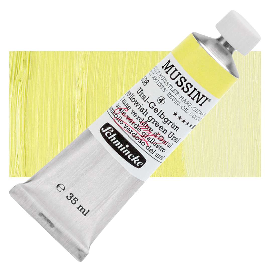 Open in modal - Schmincke Mussini Oil Color - Yellowish Green Ural, 35 ml tube and swatch