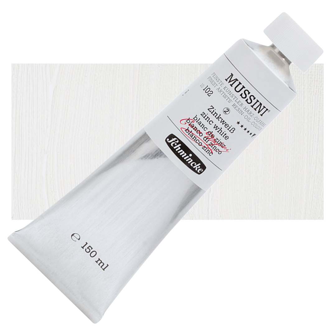 Open in modal - Schmincke Mussini Oil Color - Transparent, Zinc White, 150 ml tube and swatch
