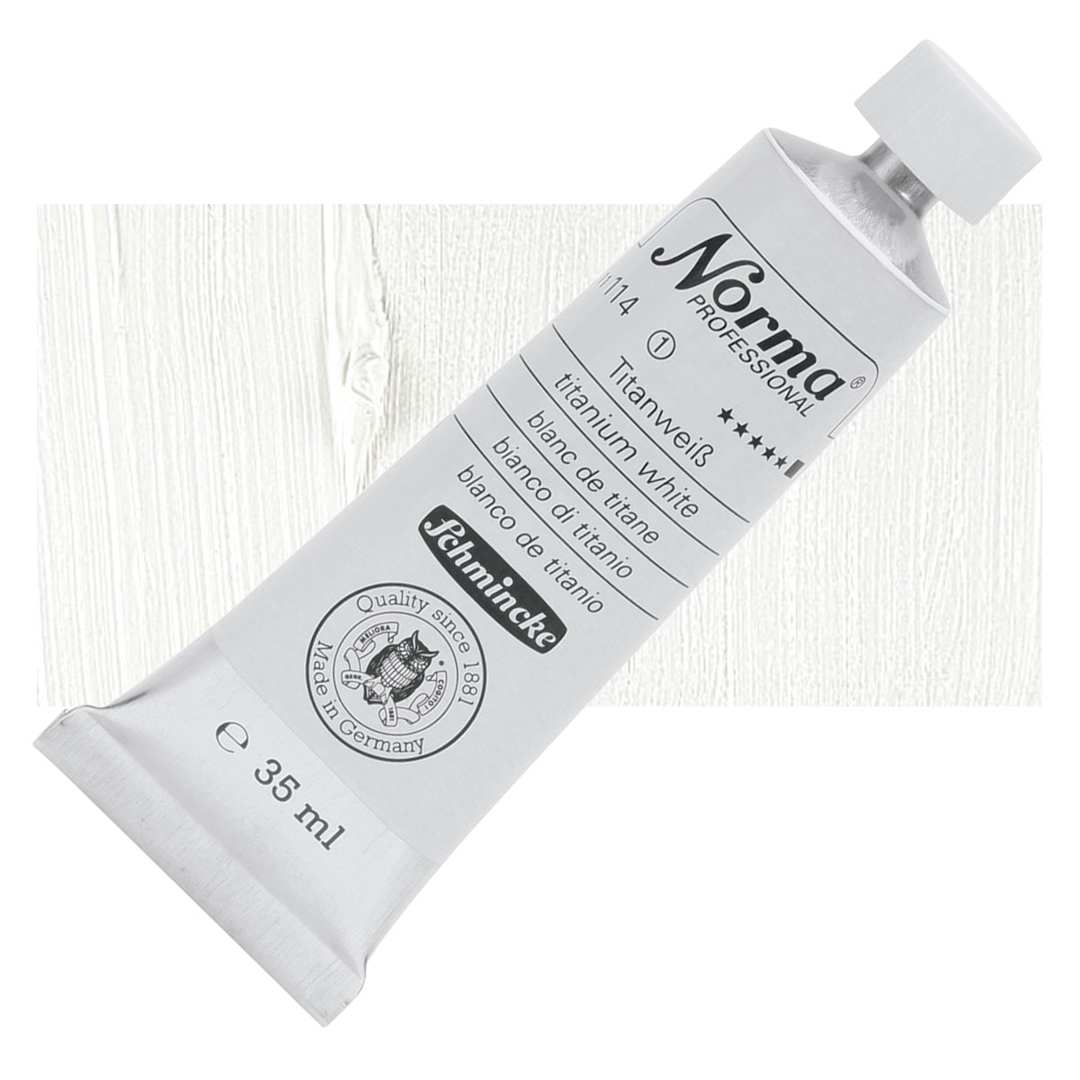 Open in modal - Schmincke Norma Professional Oil Paint - Titanium White, 35 ml, Tube and swatch