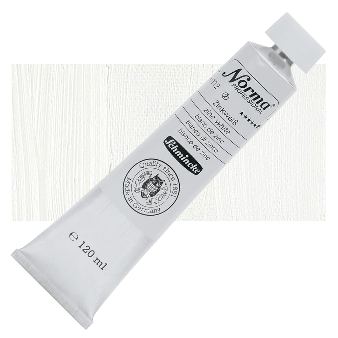 Open in modal - Schmincke Norma Professional Oil Paint - Zinc White, 120 ml, Tube and swatch