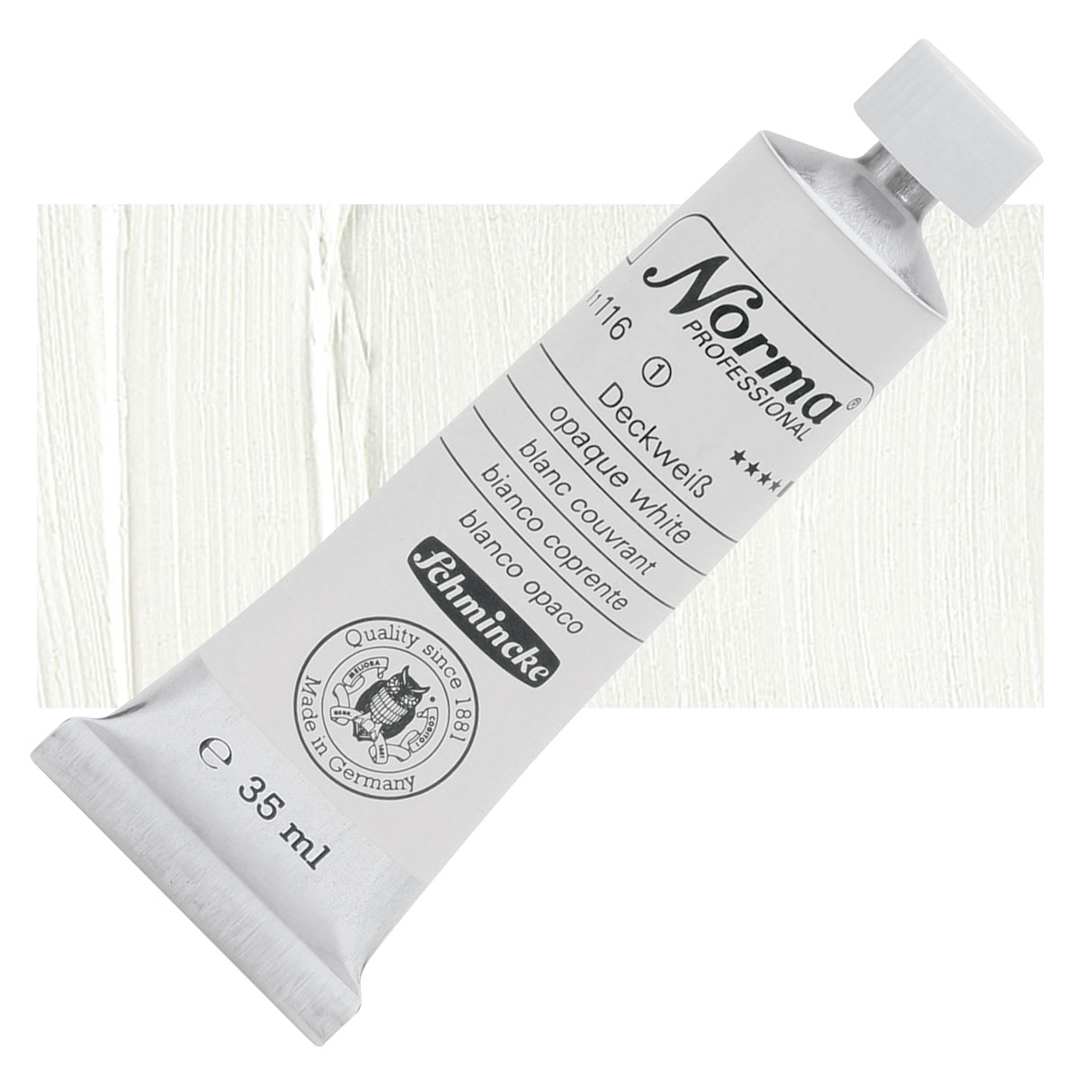 Open in modal - Schmincke Norma Professional Oil Paint - Opaque White, 35 ml, Tube and swatch