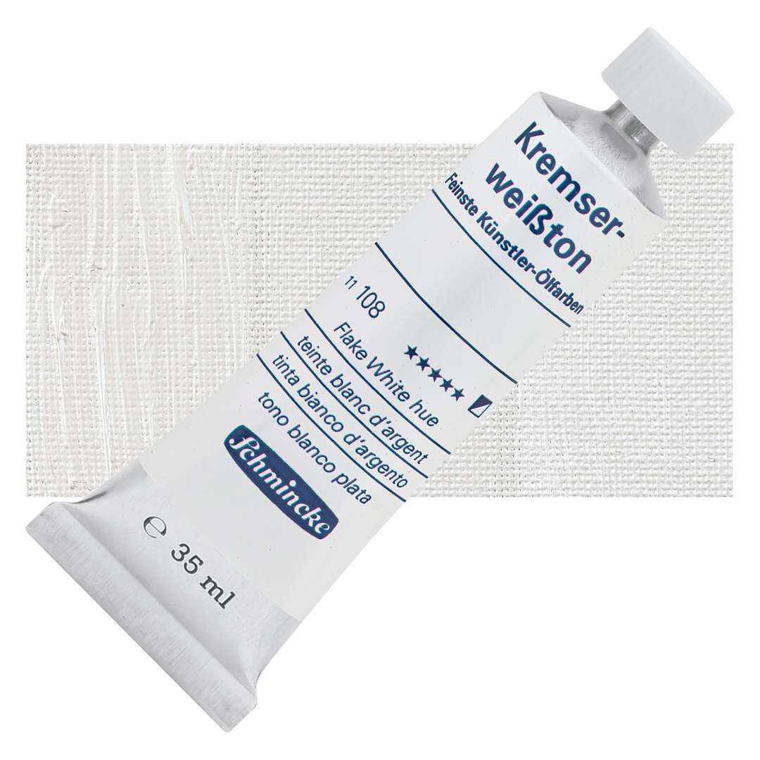 Open in modal - Schmincke Flake White Hue Oil Paint - 35 ml tube and swatch