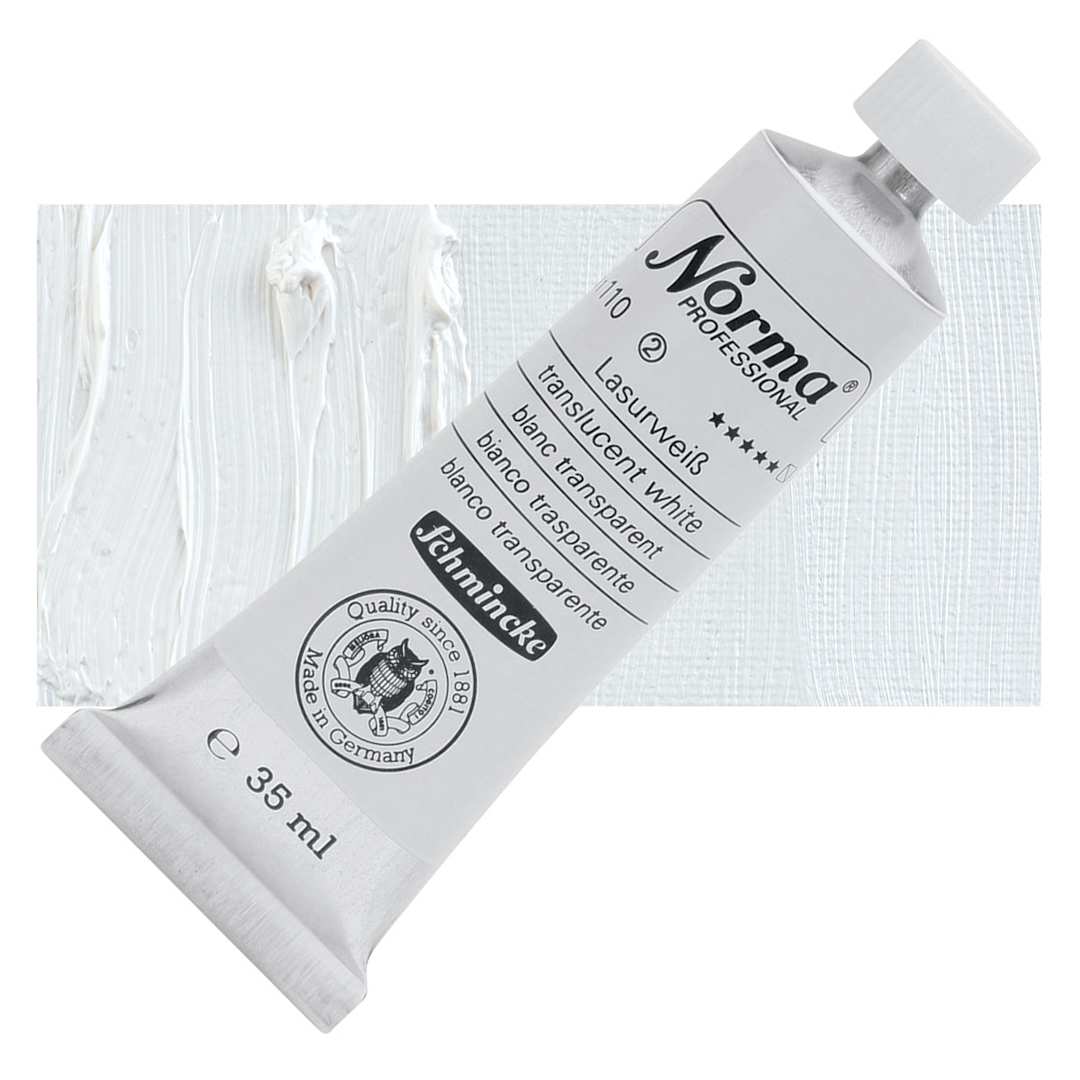 Open in modal - Schmincke Norma Professional Oil Paint - Translucent White, 35 ml, Tube and swatch
