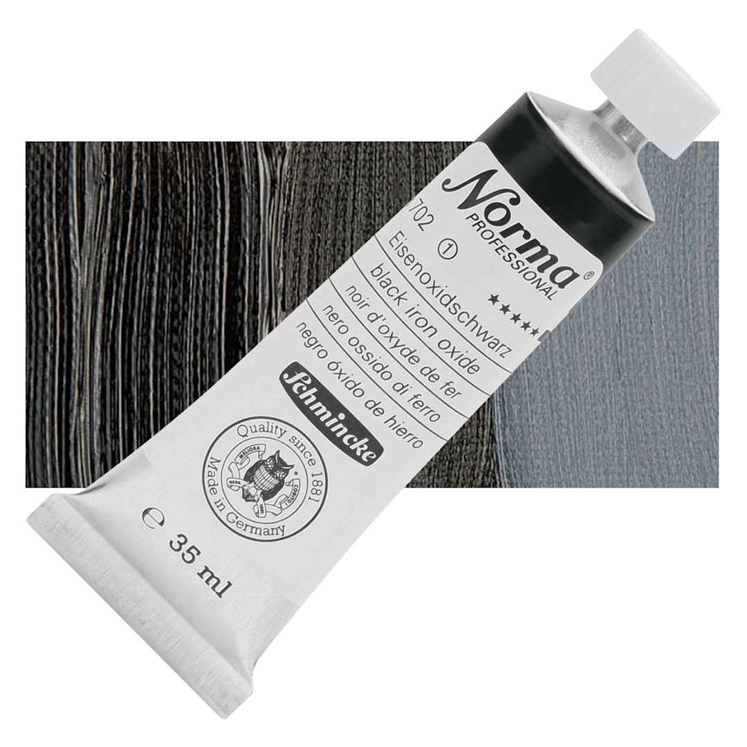 Open in modal - Schmincke Norma Professional Oil Paint - Black Iron Oxide, 35 ml, Tube and swatch