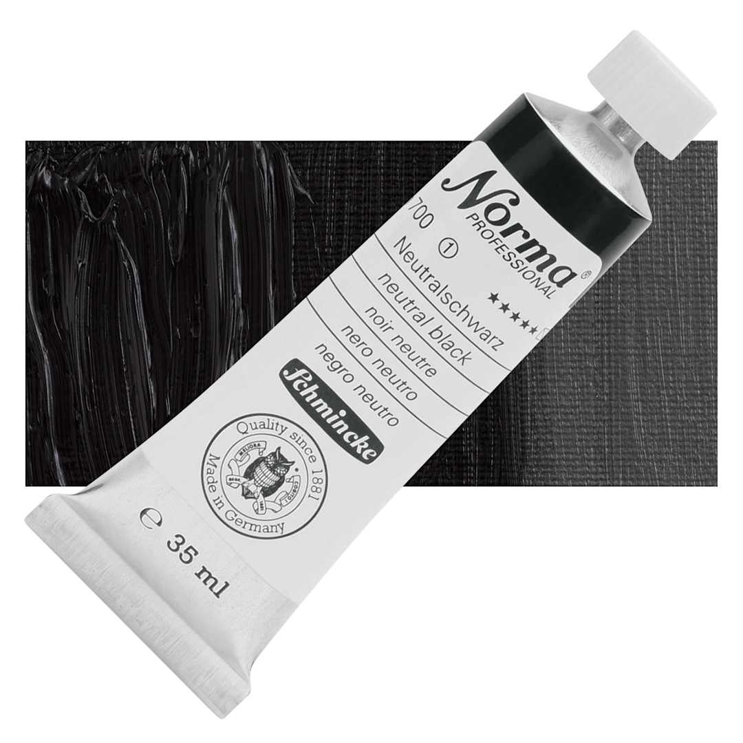Open in modal - Schmincke Norma Professional Oil Paint - Neutral Black, 35 ml, Tube and swatch