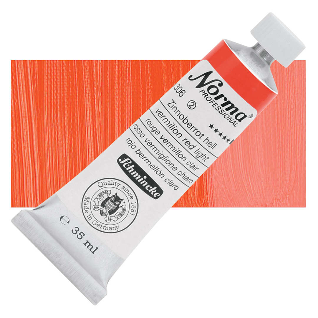 Open in modal - Schmincke Norma Professional Oil Paint - Vermilion Red Light, 35 ml, Tube and swatch