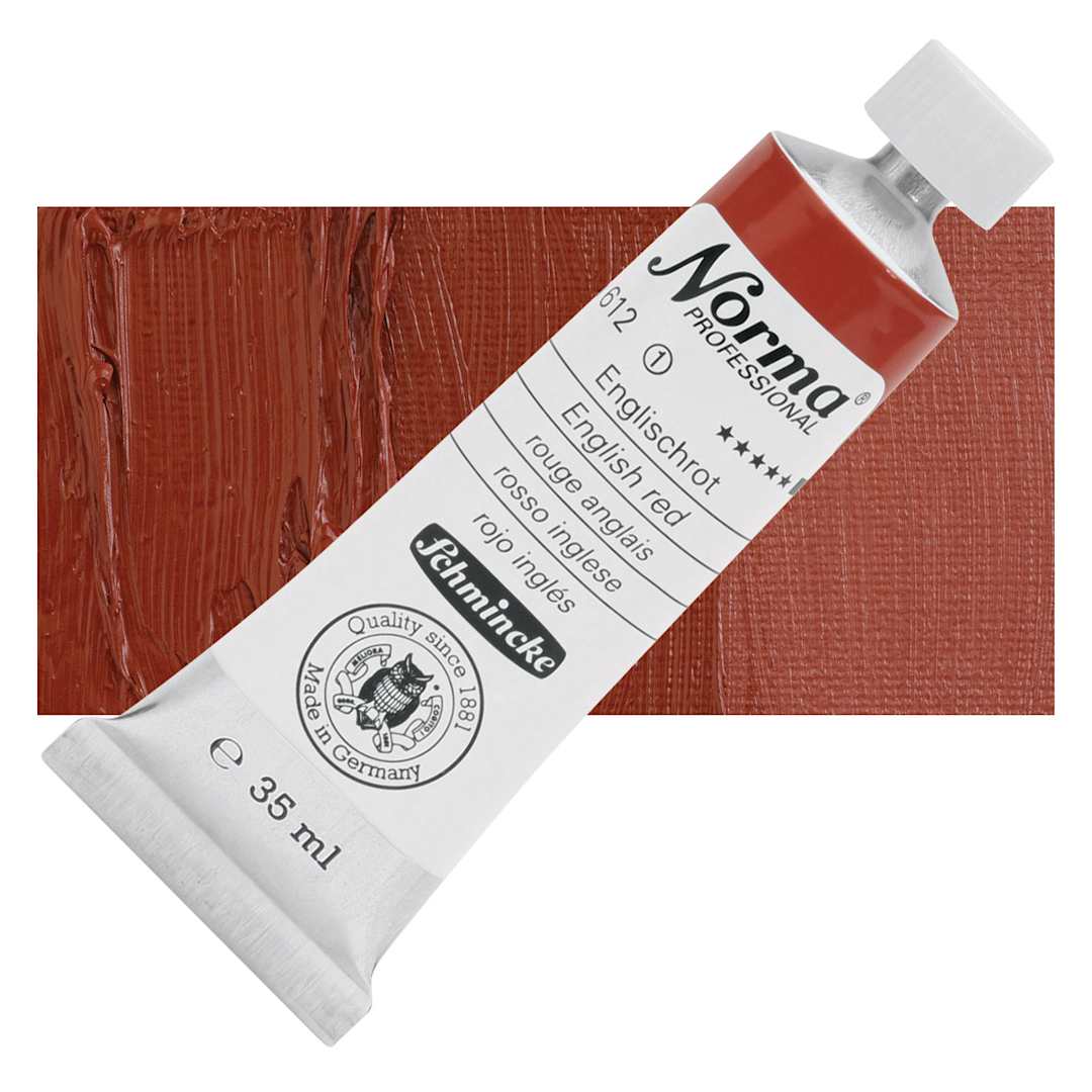 Open in modal - Schmincke Norma Professional Oil Paint - English Red, 35 ml, Tube and swatch